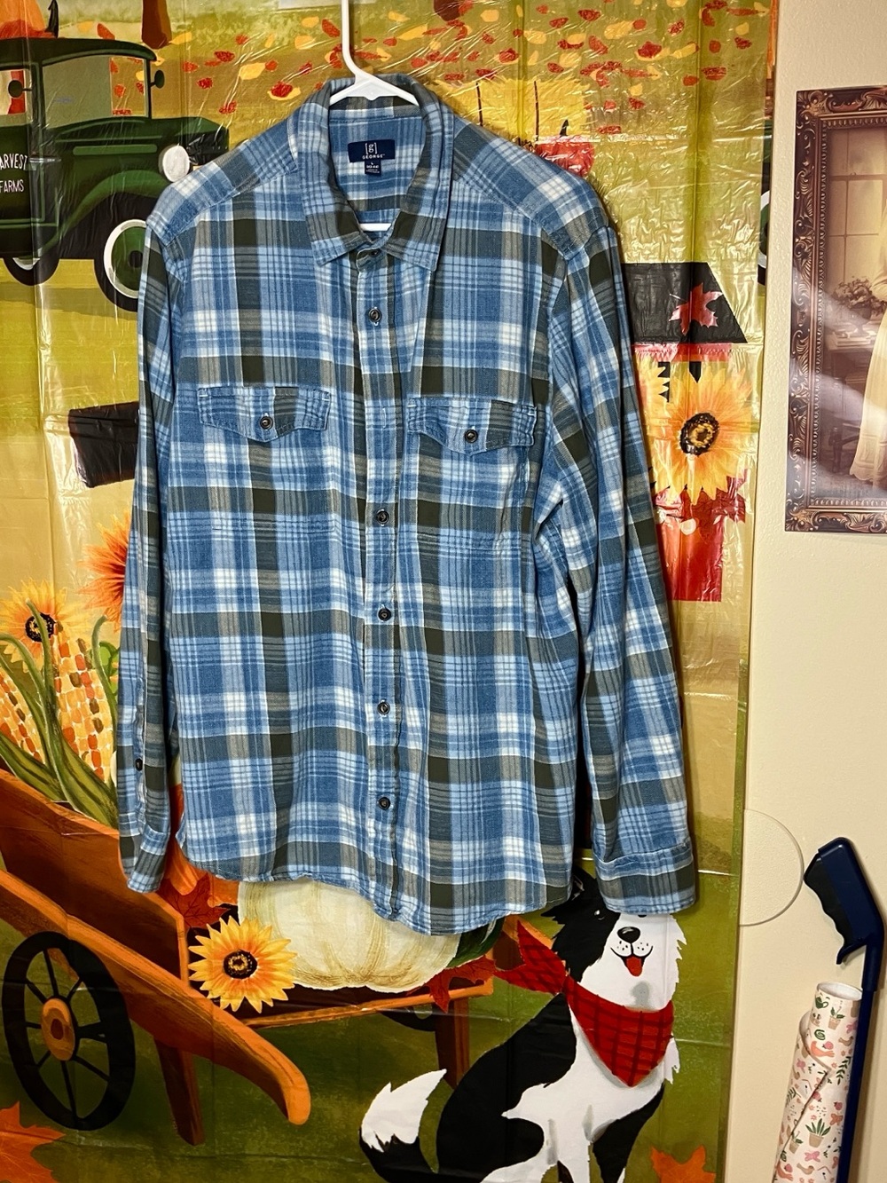 George Women's Blue and Gray Plaid Button-Down Shirt flannel L